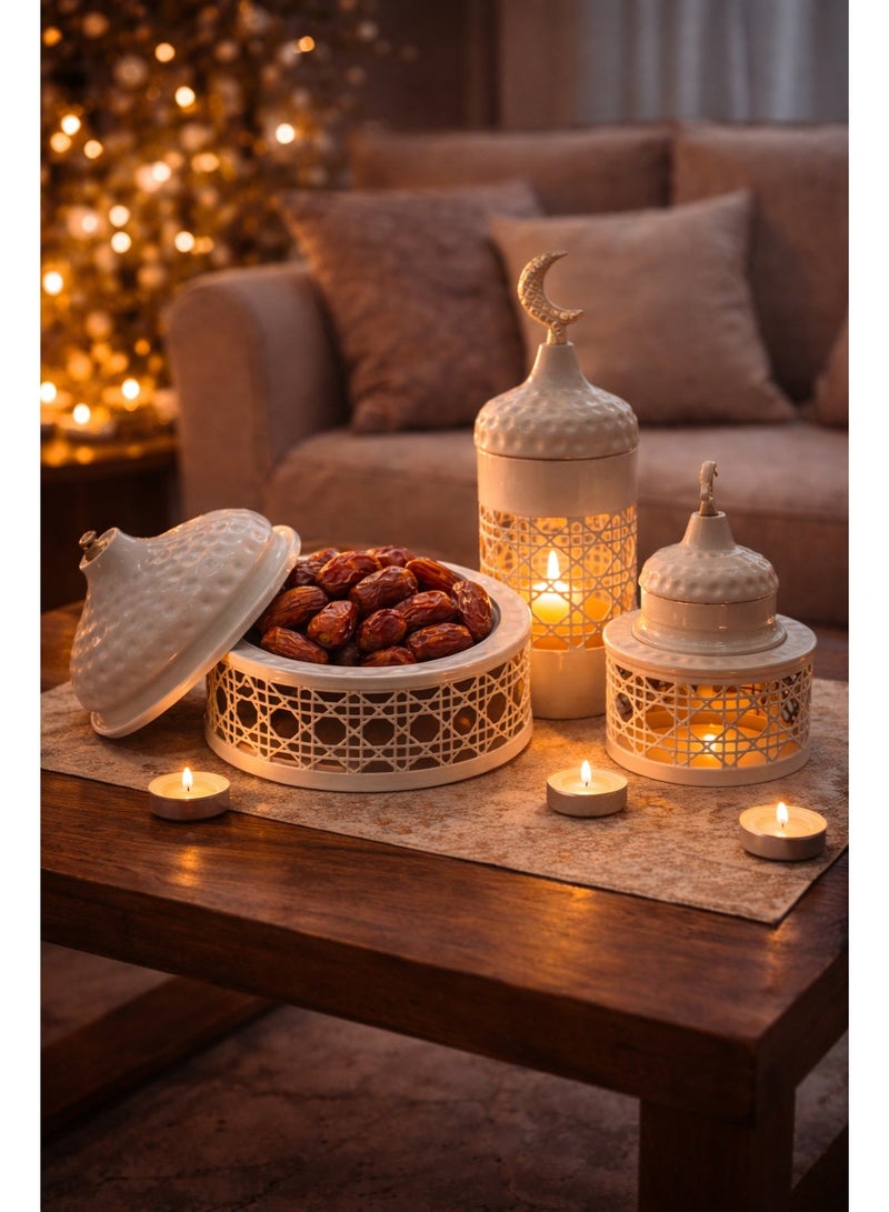 OLUDENIZ Metal 3-Piece Ramadan Decorative Set – Beige Matte Dome Containers and Mosque Lantern with Silver Crescent – Perfect for Dates, Nuts and Home Décor - Image 1